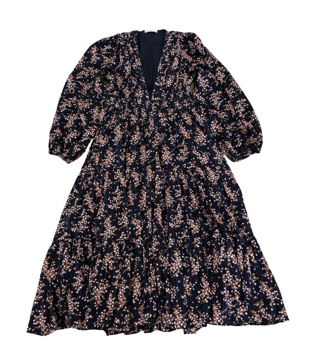 Ulla Johnson Joan Floral Print Midi Dress Size 6 Black Cotton Blend Lined V Neck